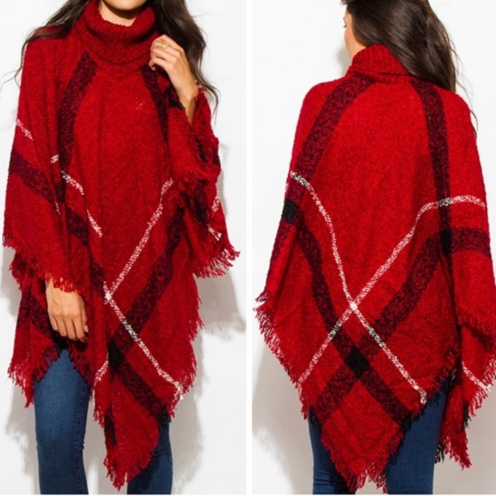 3️⃣ Red plaid turtleneck poncho OSFM NWT